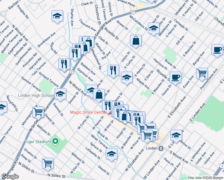 map of restaurants, bars, coffee shops, grocery stores, and more near 134 East Curtis Street in Linden