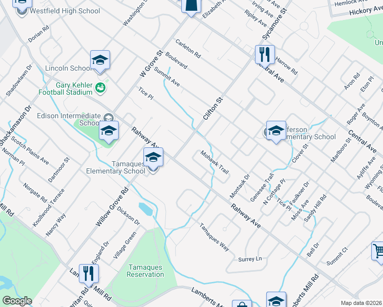 map of restaurants, bars, coffee shops, grocery stores, and more near 513 Clifton Street in Westfield