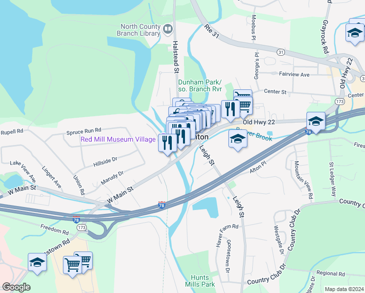 map of restaurants, bars, coffee shops, grocery stores, and more near 44 Main Street in Clinton