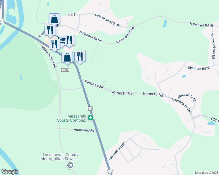 map of restaurants, bars, coffee shops, grocery stores, and more near 861 Kerns Drive Northeast in Bolivar