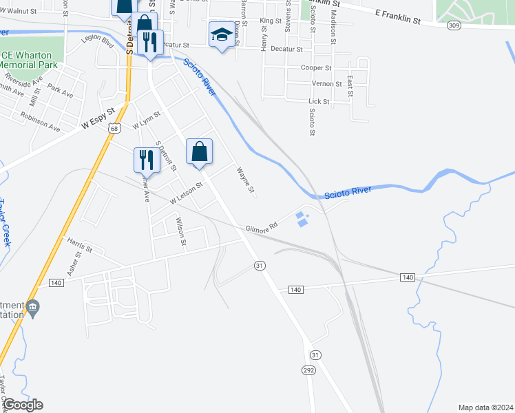 map of restaurants, bars, coffee shops, grocery stores, and more near 1037 South Main Street in Kenton