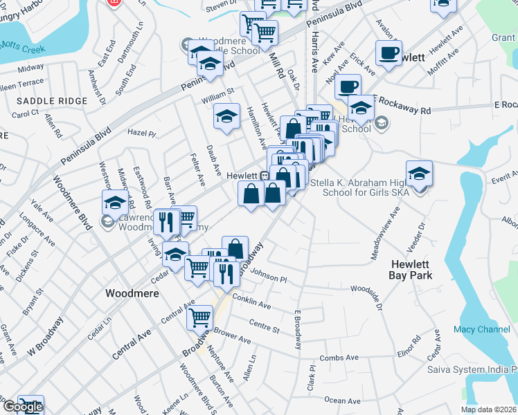 map of restaurants, bars, coffee shops, grocery stores, and more near 35 Frost Street in Hewlett