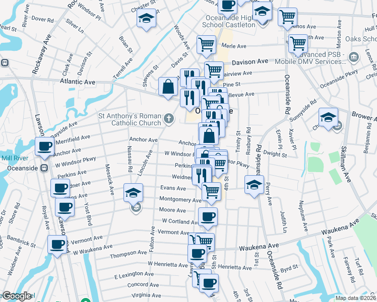 map of restaurants, bars, coffee shops, grocery stores, and more near 48 West Windsor Parkway in Oceanside
