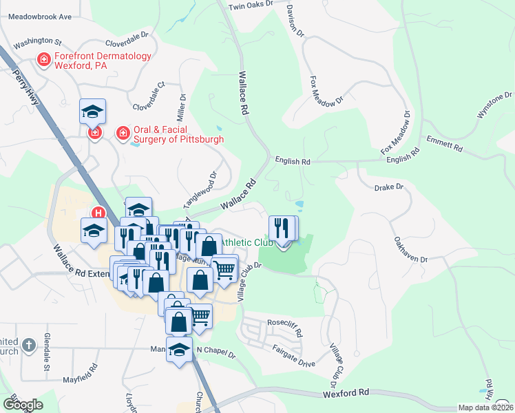 map of restaurants, bars, coffee shops, grocery stores, and more near 503 Georgetowne Court in Wexford