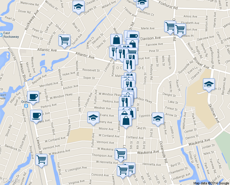 map of restaurants, bars, coffee shops, grocery stores, and more near 48 West Windsor Parkway in Oceanside