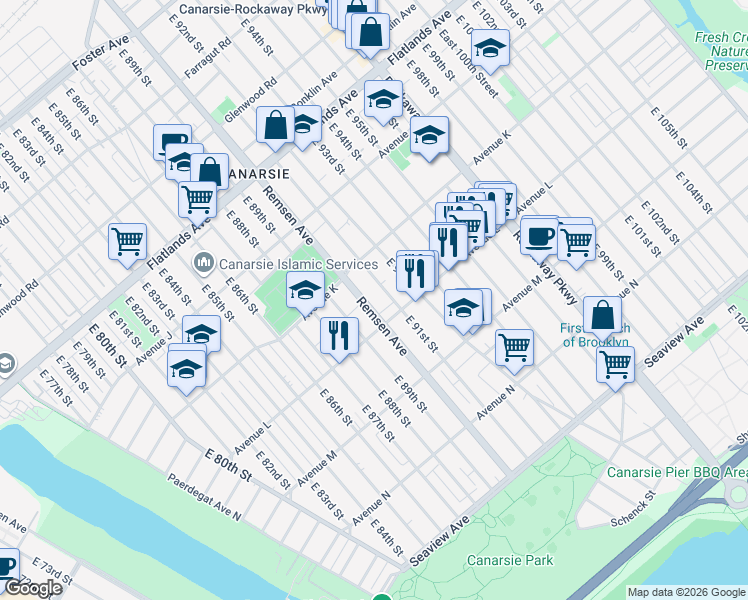 map of restaurants, bars, coffee shops, grocery stores, and more near 1386 East 91st Street in Brooklyn