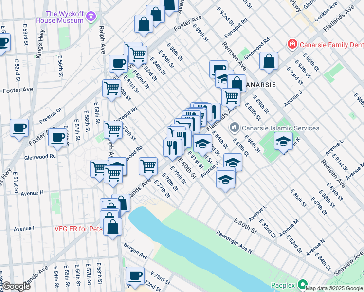 map of restaurants, bars, coffee shops, grocery stores, and more near 776 East 81st Street in Brooklyn