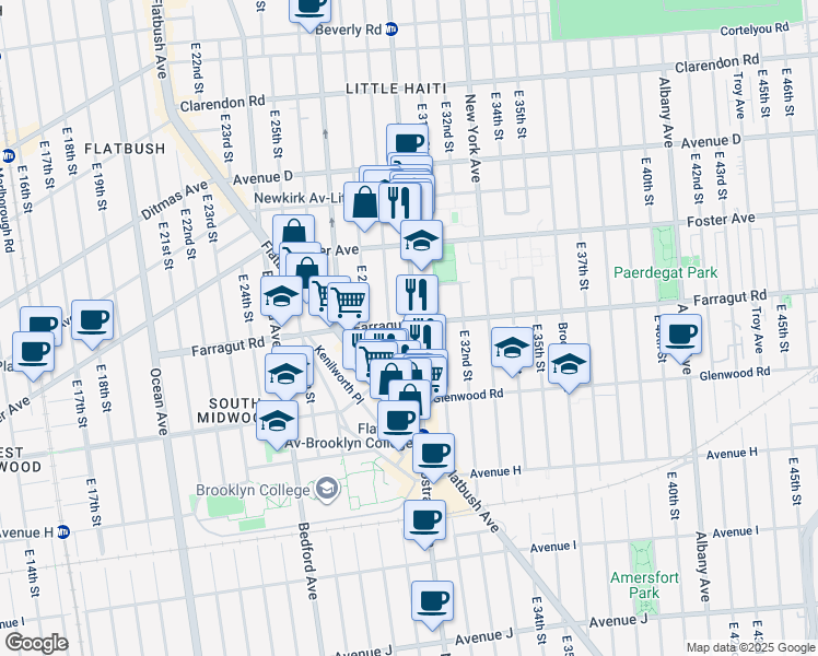 map of restaurants, bars, coffee shops, grocery stores, and more near 2905 Farragut Road in Brooklyn