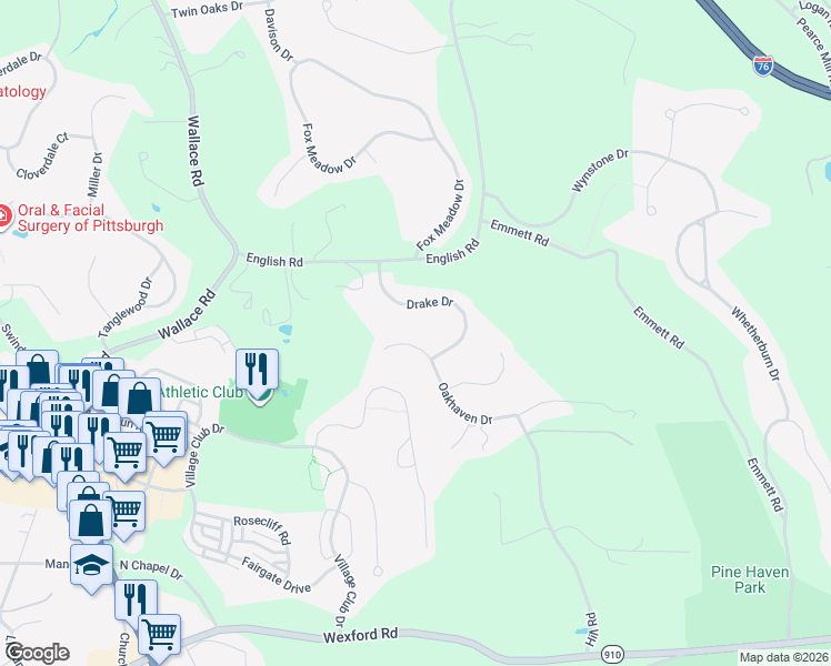 map of restaurants, bars, coffee shops, grocery stores, and more near 116 Drake Drive in Wexford