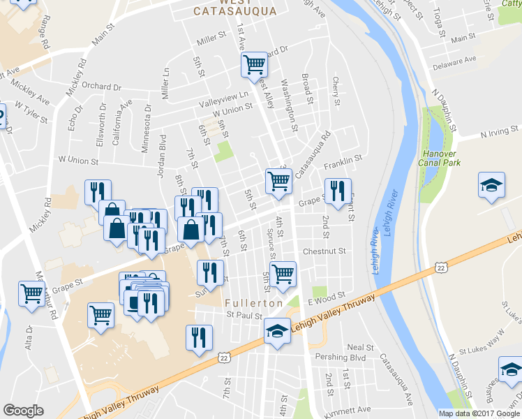 map of restaurants, bars, coffee shops, grocery stores, and more near 421 Grape Street in Fullerton