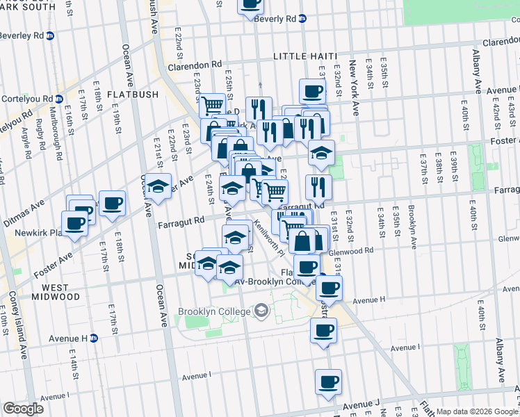 map of restaurants, bars, coffee shops, grocery stores, and more near 1401 Flatbush Avenue in Brooklyn