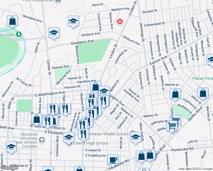 map of restaurants, bars, coffee shops, grocery stores, and more near 1624 Cloverleaf Street in Bethlehem