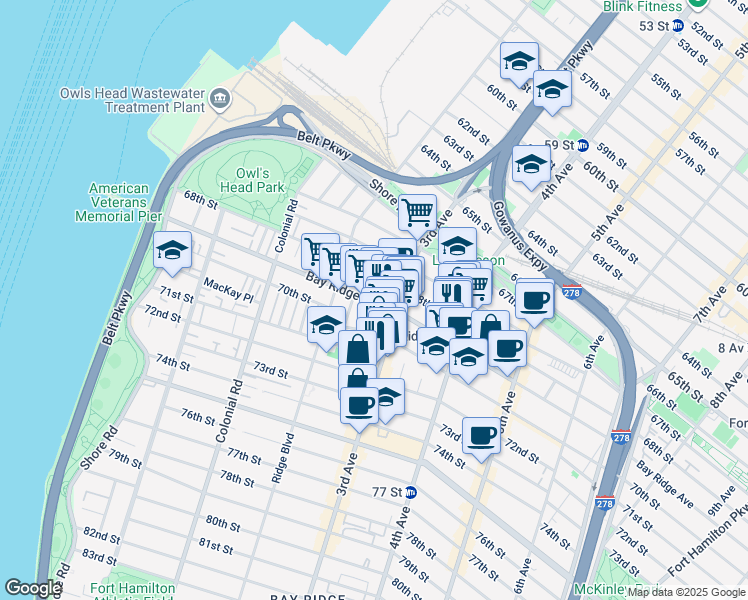 map of restaurants, bars, coffee shops, grocery stores, and more near 251 Bay Ridge Avenue in Brooklyn