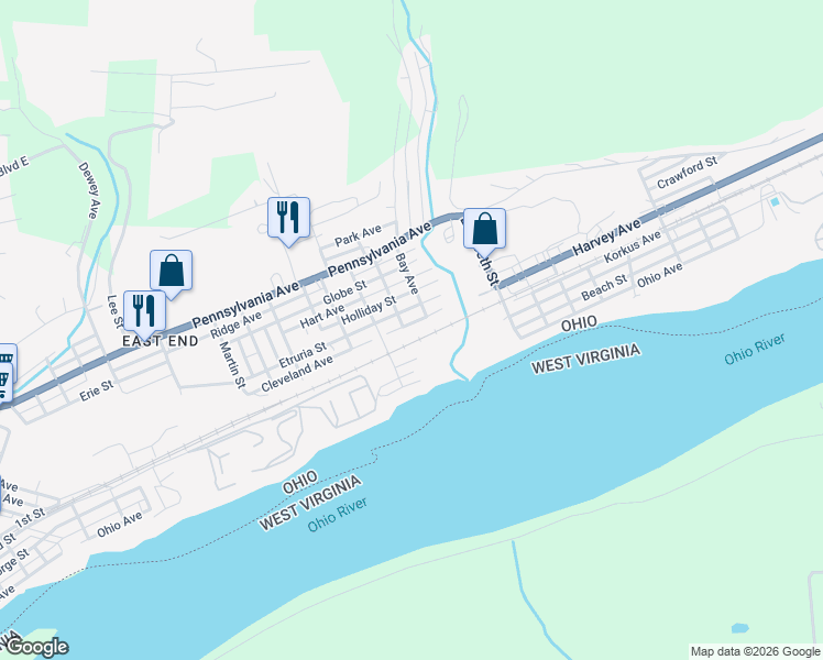 map of restaurants, bars, coffee shops, grocery stores, and more near 1700 Etruria Street in East Liverpool