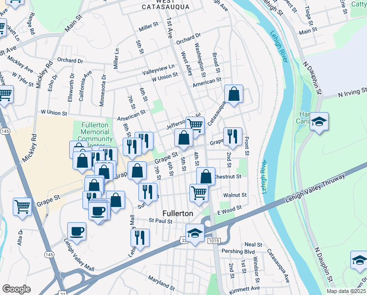 map of restaurants, bars, coffee shops, grocery stores, and more near 421 Grape Street in Fullerton