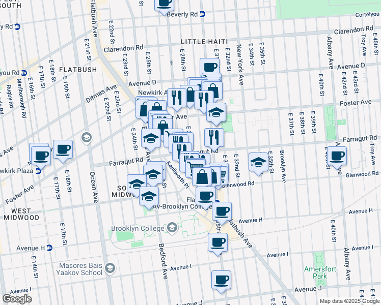 map of restaurants, bars, coffee shops, grocery stores, and more near Farragut Road & East 28th Street in Brooklyn