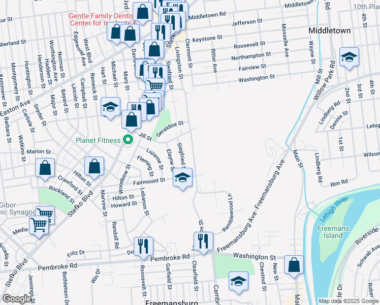 map of restaurants, bars, coffee shops, grocery stores, and more near 1545 Livingston Street in Bethlehem