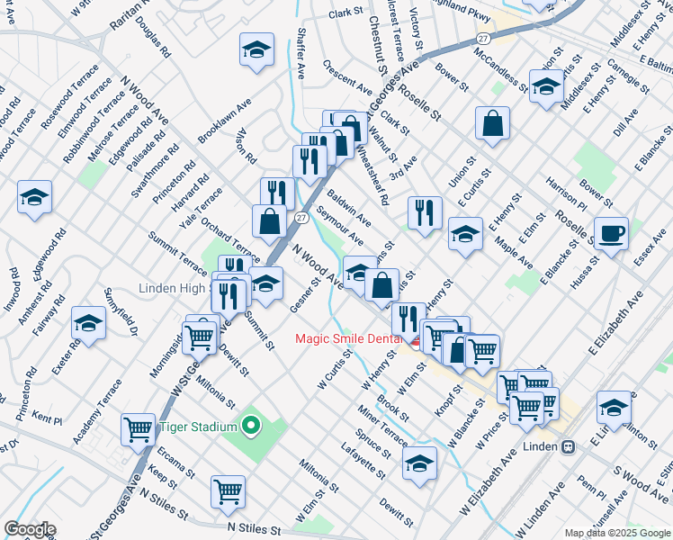map of restaurants, bars, coffee shops, grocery stores, and more near 830 North Wood Avenue in Linden