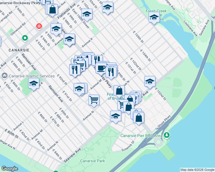 map of restaurants, bars, coffee shops, grocery stores, and more near 1872 Rockaway Parkway in Brooklyn