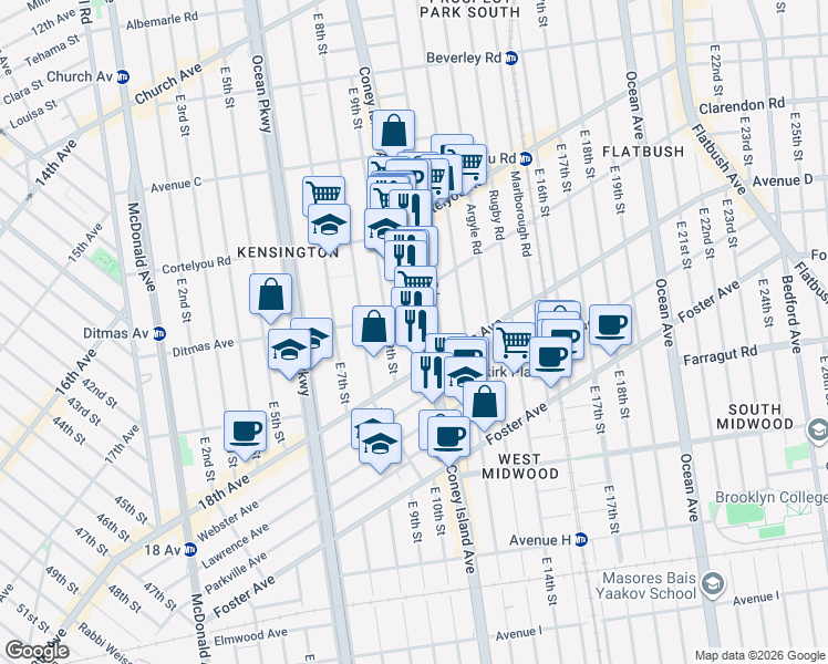 map of restaurants, bars, coffee shops, grocery stores, and more near 860 Coney Island Avenue in Brooklyn