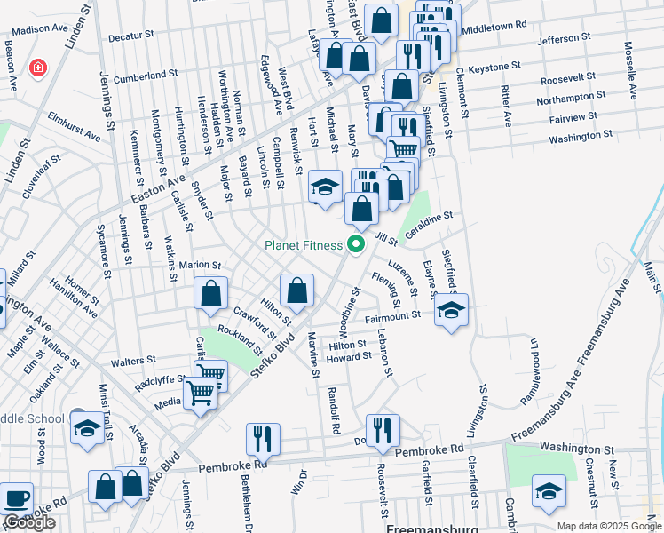 map of restaurants, bars, coffee shops, grocery stores, and more near 1316 Fleming Street in Bethlehem