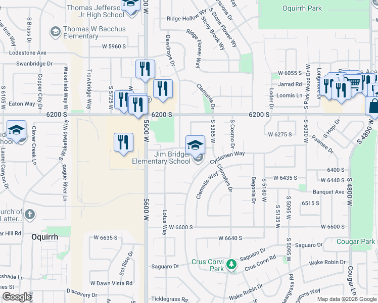 map of restaurants, bars, coffee shops, grocery stores, and more near 6311 Dewdrops Drive in West Jordan
