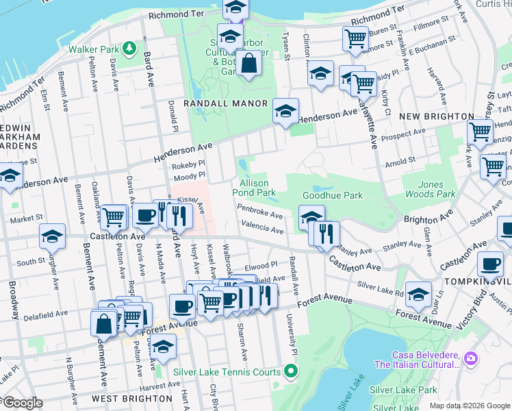 map of restaurants, bars, coffee shops, grocery stores, and more near 65 Penbroke Avenue in Staten Island