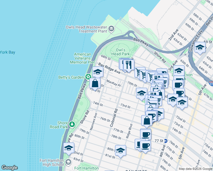map of restaurants, bars, coffee shops, grocery stores, and more near 54 MacKay Place in Brooklyn