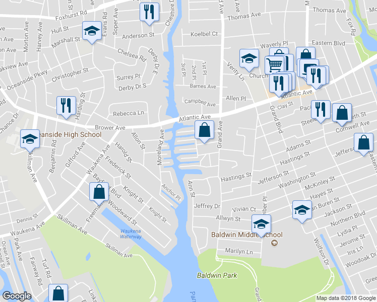 map of restaurants, bars, coffee shops, grocery stores, and more near 28 Arthur Street in Baldwin