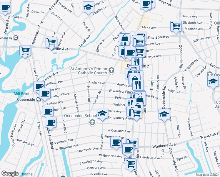 map of restaurants, bars, coffee shops, grocery stores, and more near 101 Anchor Avenue in Oceanside