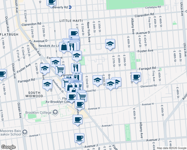 map of restaurants, bars, coffee shops, grocery stores, and more near 3223 Farragut Road in Brooklyn