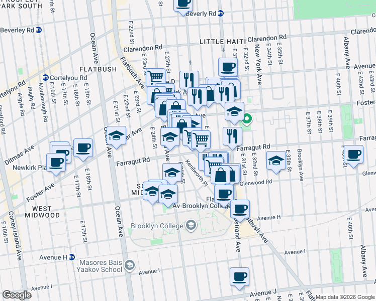 map of restaurants, bars, coffee shops, grocery stores, and more near 1401 Flatbush Avenue in Brooklyn