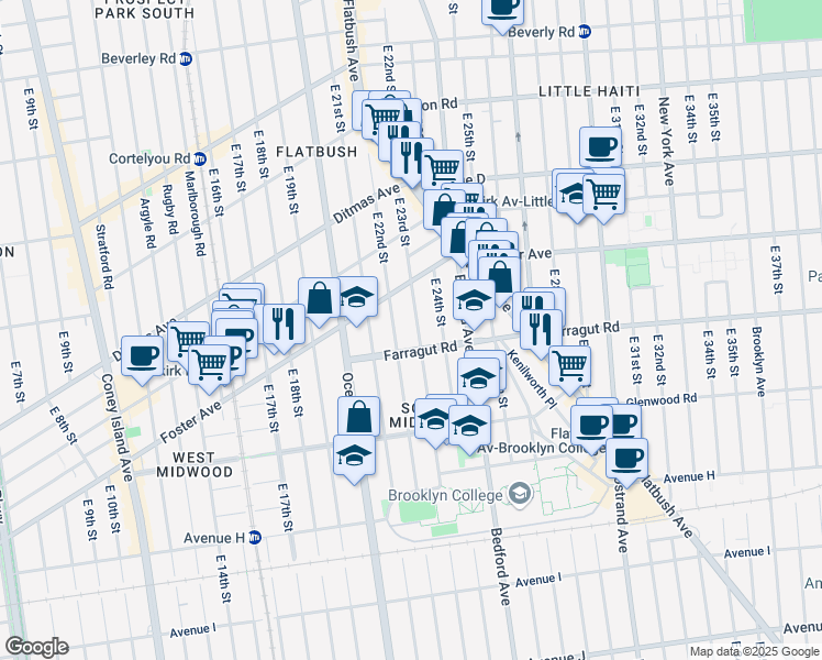 map of restaurants, bars, coffee shops, grocery stores, and more near 653 East 22nd Street in Brooklyn