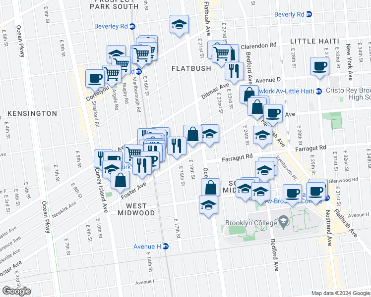 map of restaurants, bars, coffee shops, grocery stores, and more near 1818 Newkirk Avenue in Brooklyn
