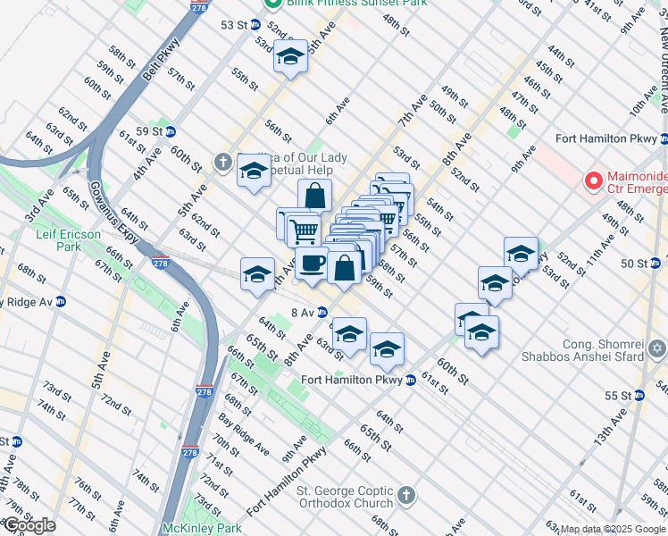 map of restaurants, bars, coffee shops, grocery stores, and more near 750 59th Street in Brooklyn