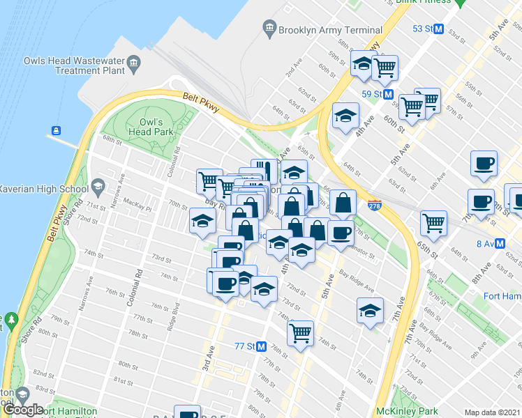 map of restaurants, bars, coffee shops, grocery stores, and more near 303 Bay Ridge Avenue in Brooklyn