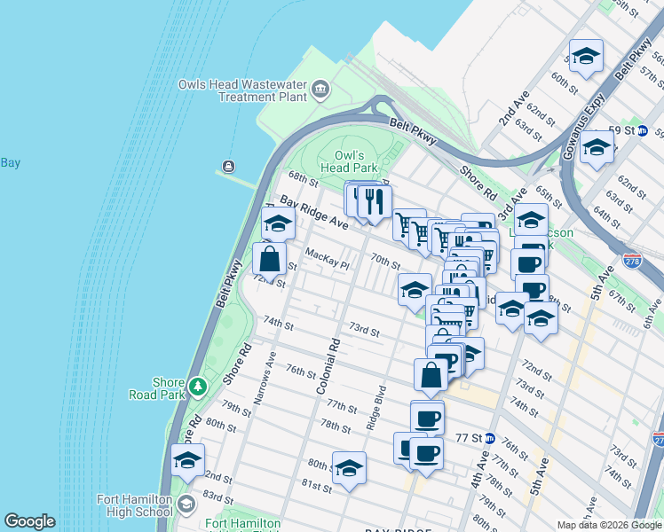 map of restaurants, bars, coffee shops, grocery stores, and more near 7016 Louise Terrace in Brooklyn
