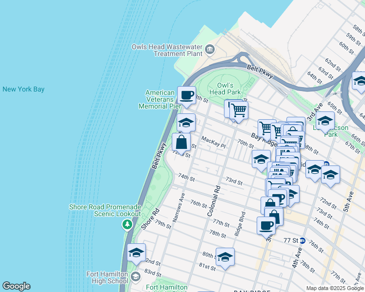 map of restaurants, bars, coffee shops, grocery stores, and more near 7100 Shore Road in Brooklyn