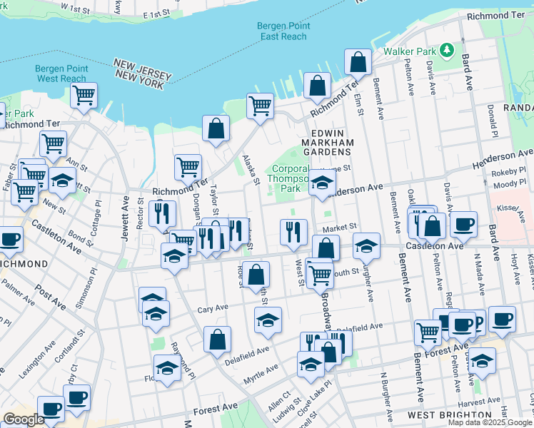 map of restaurants, bars, coffee shops, grocery stores, and more near 35 1/2 Barker Street in Staten Island