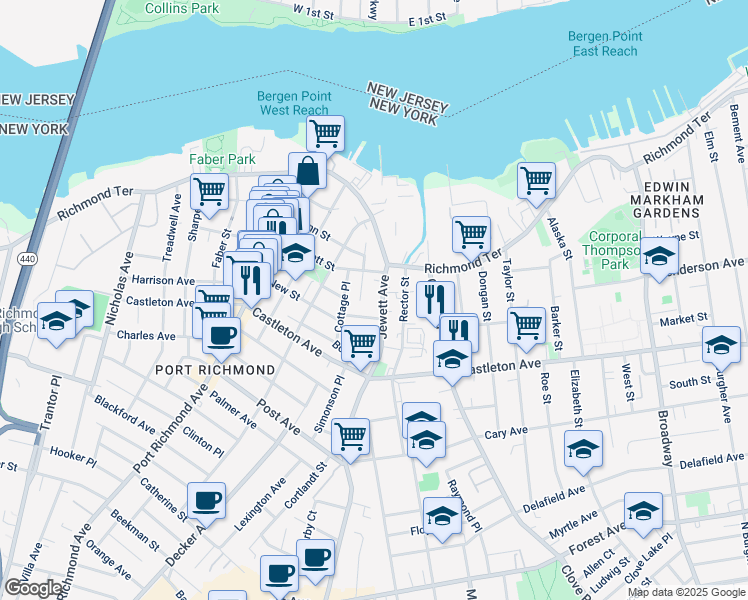 map of restaurants, bars, coffee shops, grocery stores, and more near 23 Jewett Avenue in Staten Island