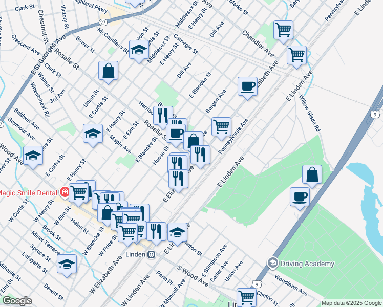 map of restaurants, bars, coffee shops, grocery stores, and more near 620 Essex Avenue in Linden