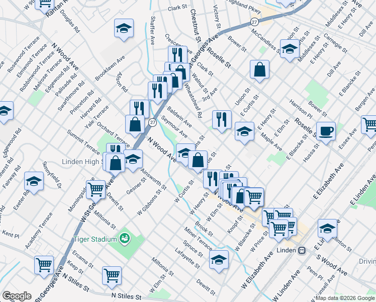map of restaurants, bars, coffee shops, grocery stores, and more near 31 East Gibbons Street in Linden