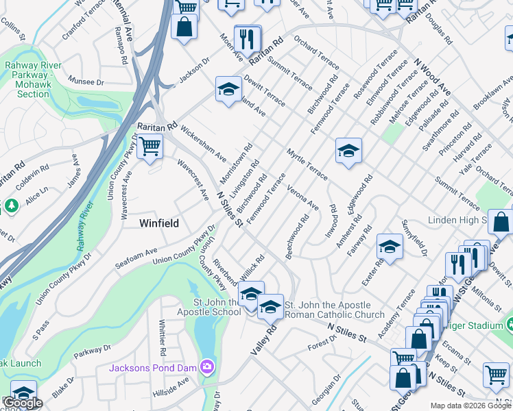 map of restaurants, bars, coffee shops, grocery stores, and more near 537 Fernwood Terrace in Linden