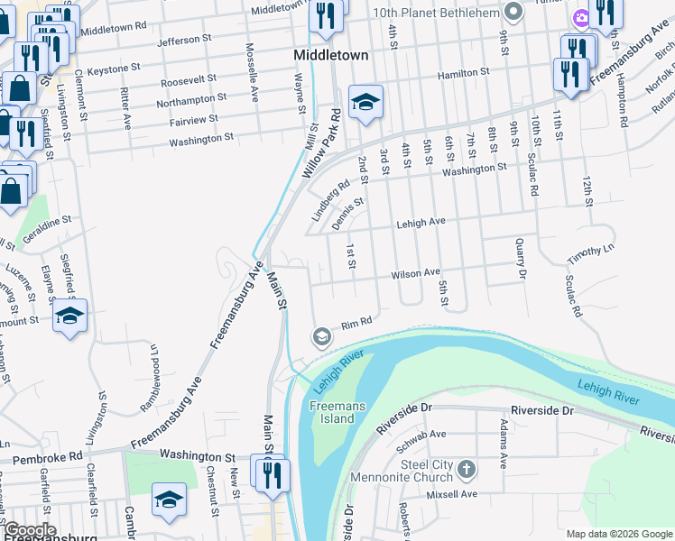 map of restaurants, bars, coffee shops, grocery stores, and more near 1525 1st Street in Bethlehem