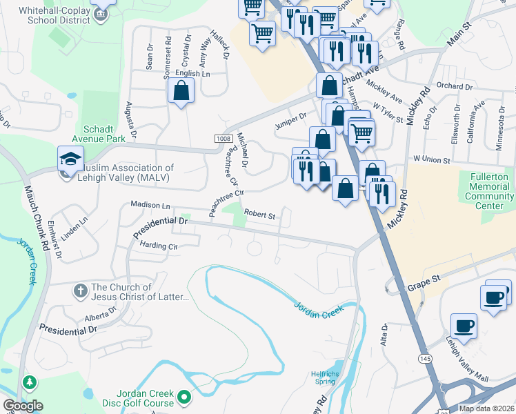 map of restaurants, bars, coffee shops, grocery stores, and more near 1427 Robert Street in Fullerton