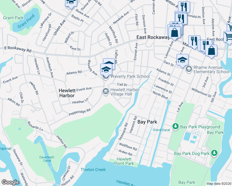 map of restaurants, bars, coffee shops, grocery stores, and more near 18 Wesley Drive in East Rockaway
