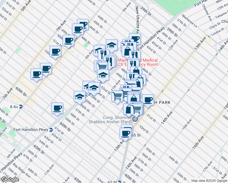 map of restaurants, bars, coffee shops, grocery stores, and more near 5106 11th Avenue in Brooklyn