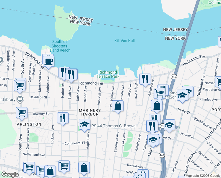map of restaurants, bars, coffee shops, grocery stores, and more near 2802 Richmond Terrace in Staten Island