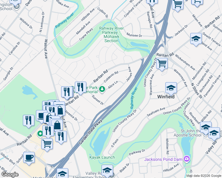 map of restaurants, bars, coffee shops, grocery stores, and more near 27 Alice Lane in Clark