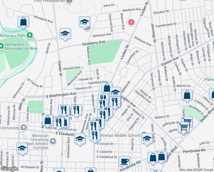 map of restaurants, bars, coffee shops, grocery stores, and more near 348 Hamilton Avenue in Bethlehem